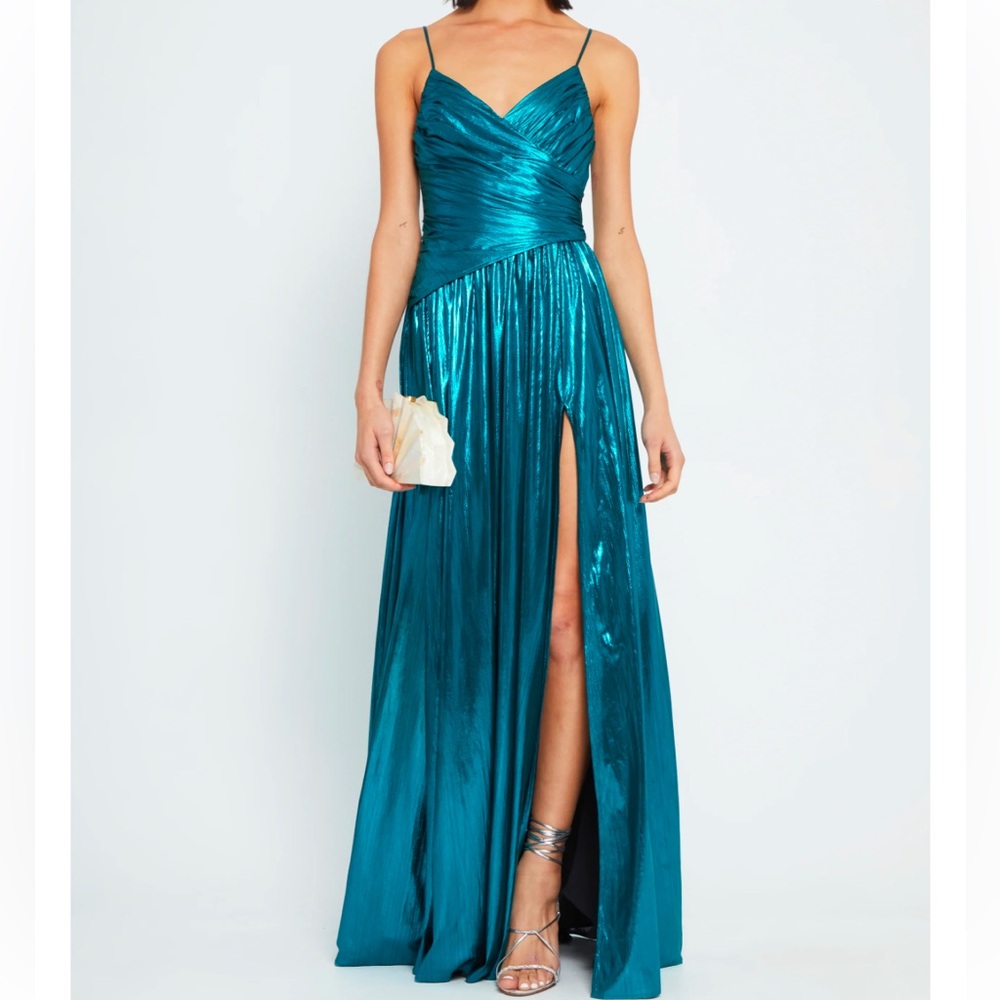 o.p.t Evan Dress Blue Metallic Floor-Length Gown with Adjustable Straps